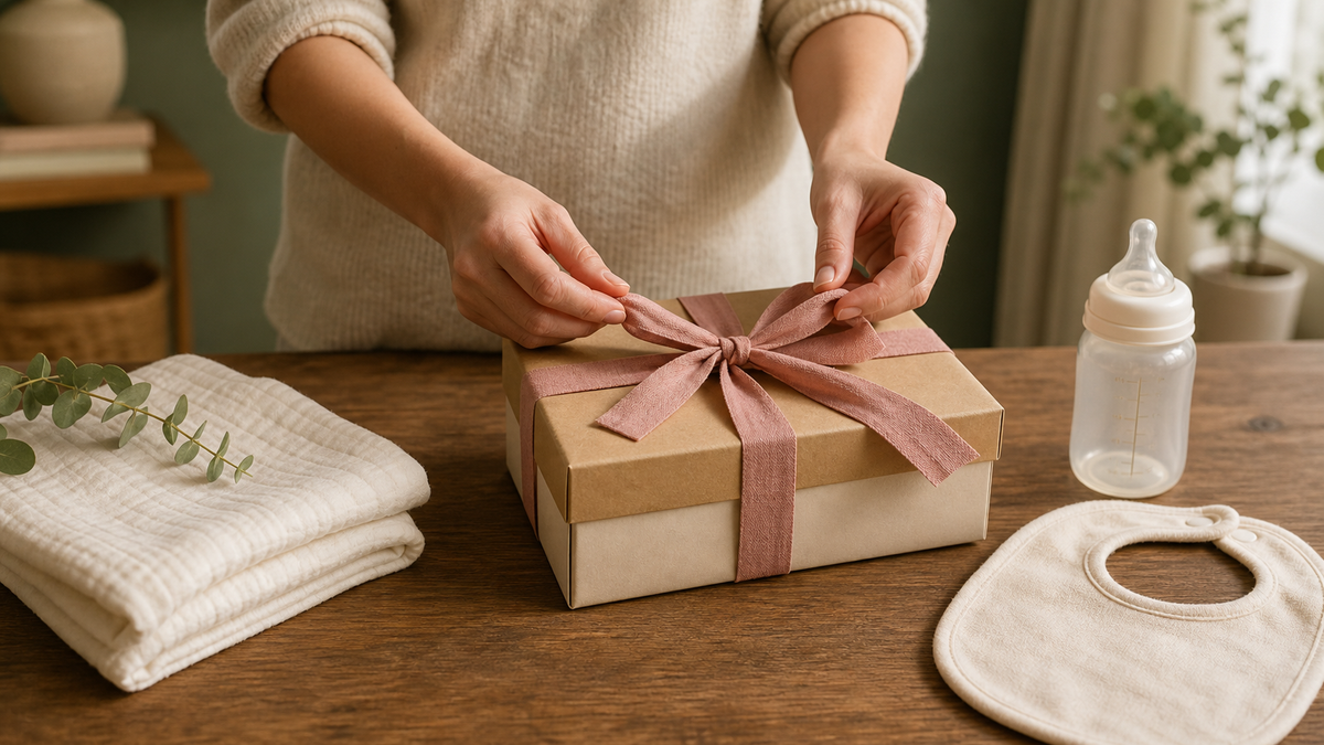 Mains préparant un cadeau de naissance utile dans une ambiance douce