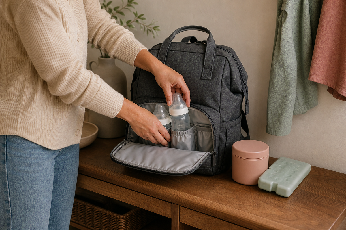 Parent rangeant des biberons dans la poche isotherme d’un sac à langer