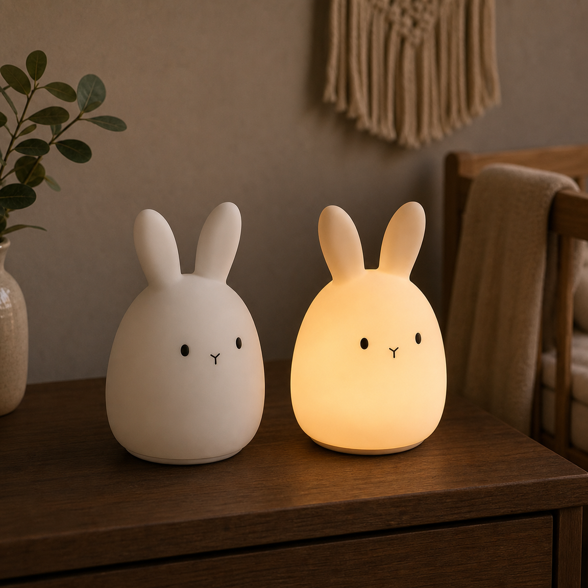 Veilleuse lapin silicone allumée dans une chambre sombre
