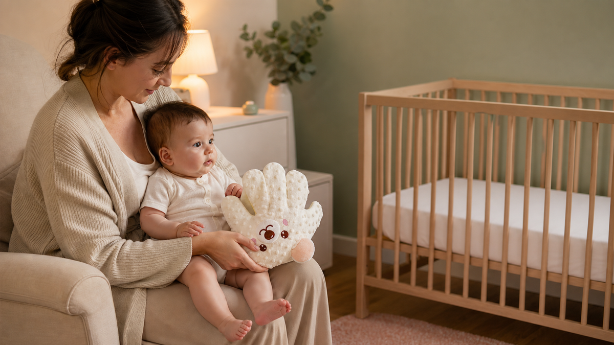Parent tenant bébé éveillé avant le coucher près d’un lit vide
