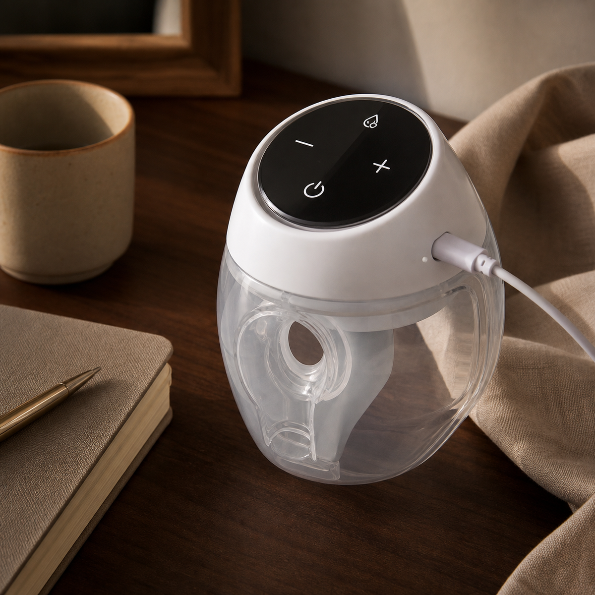 Tire-lait transparent branché à un câble USB, posé près d’une tasse.