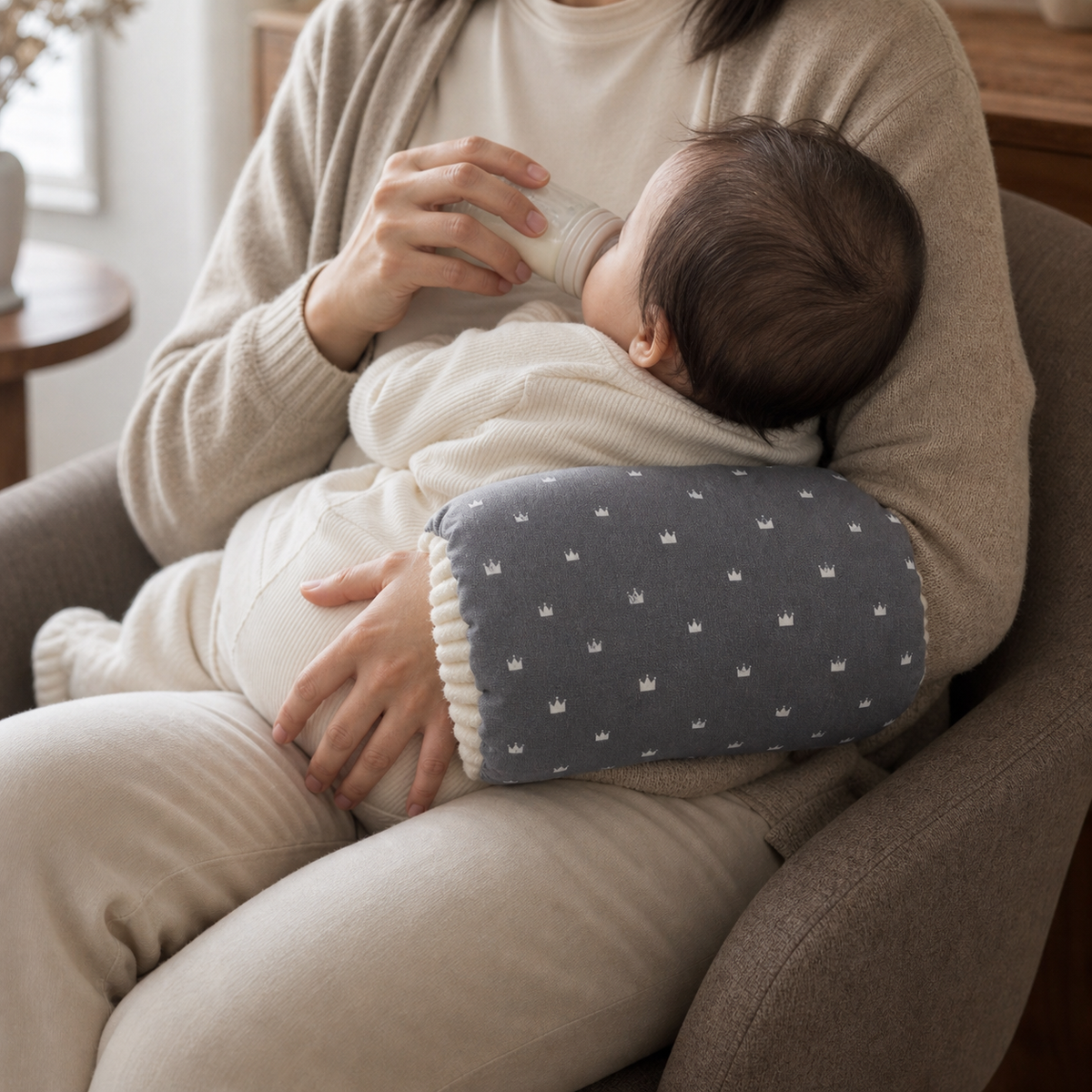 Coussin de bras gris utilisé par un adulte qui donne le biberon à bébé.