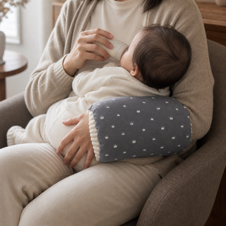 Coussin de bras gris utilisé par un adulte qui donne le biberon à bébé.