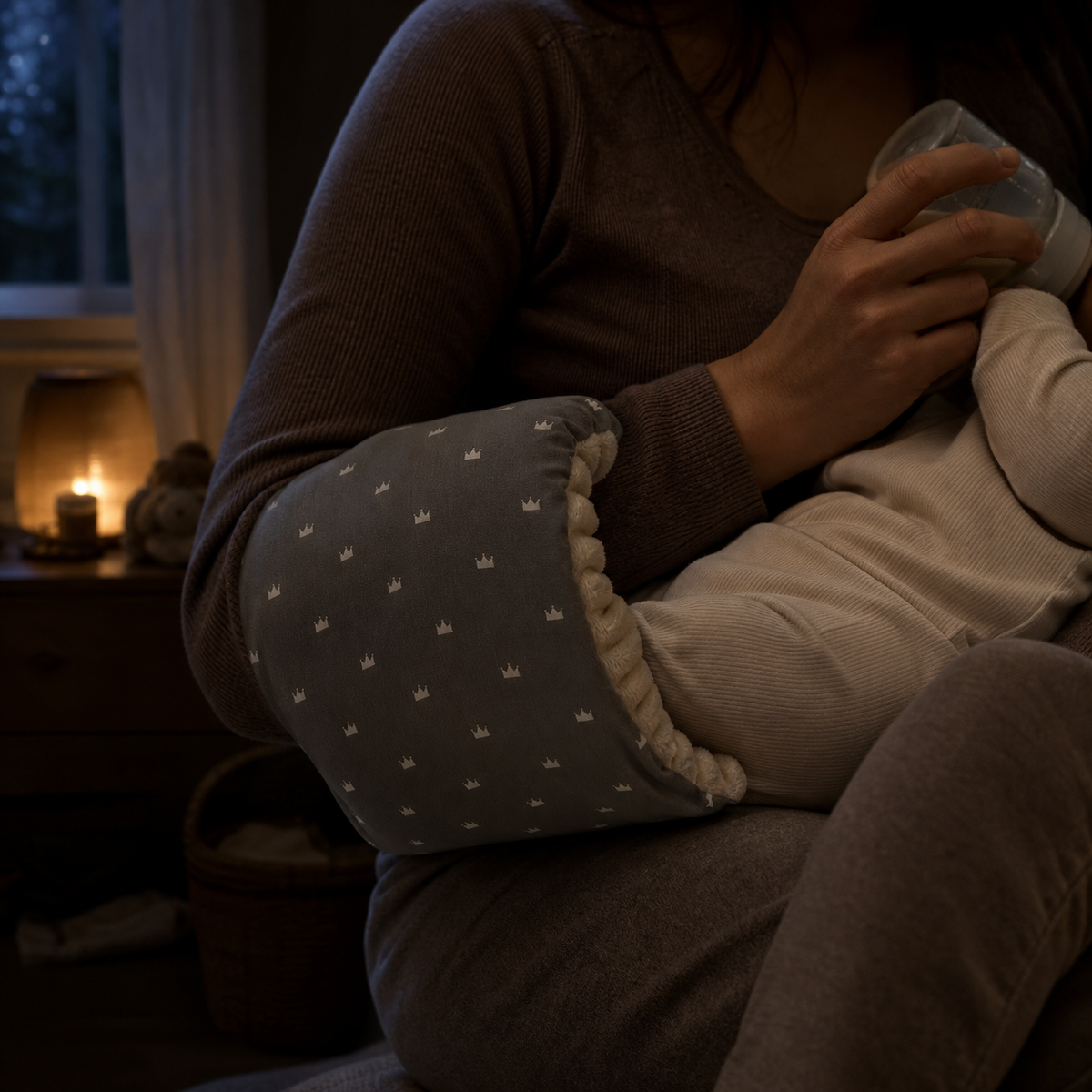 Repas au biberon dans les bras d’un adulte, avec coussin de bras gris, le soir.