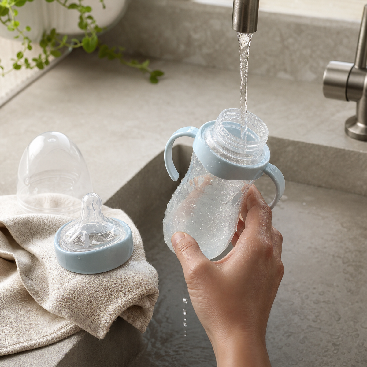 Biberon bleu rincé sous l’eau, avec tétine et capuchon posés à côté.