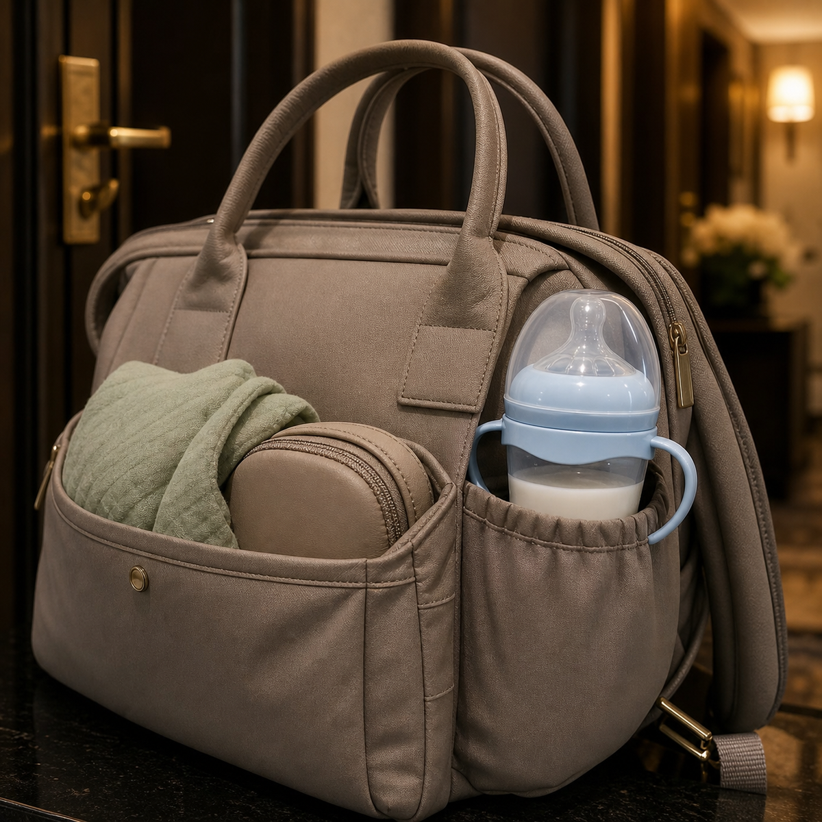 Biberon bleu à poignées rangé dans la poche extérieure d’un sac.