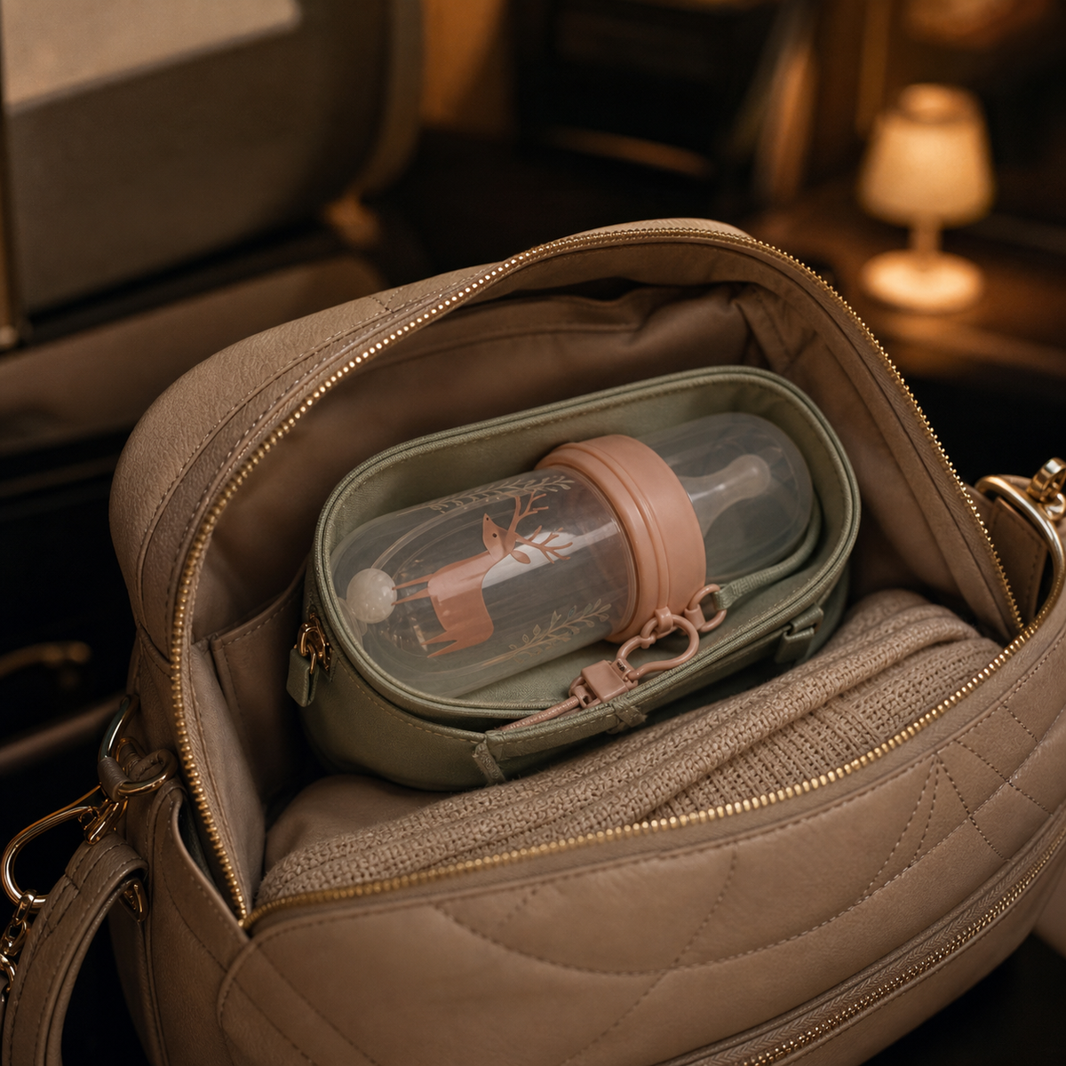 Biberon rose à tube rangé dans une pochette à l’intérieur d’un sac.