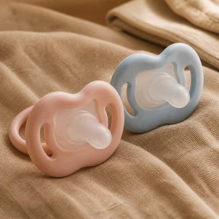 Sucette silicone bébé Bibimood rose et bleue sur linge crème