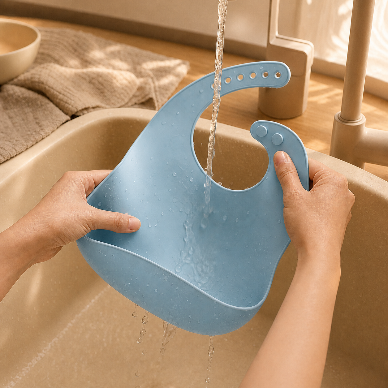 Rinçage du bavoir silicone bébé Bibimood bleu