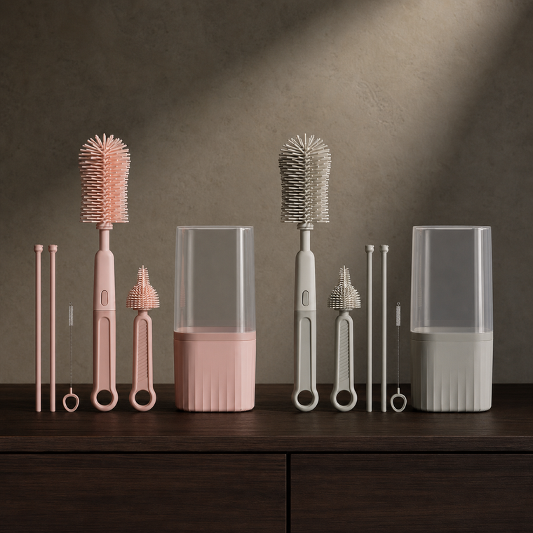 Sets de brosses rose et gris présentés côte à côte avec leurs boîtiers.