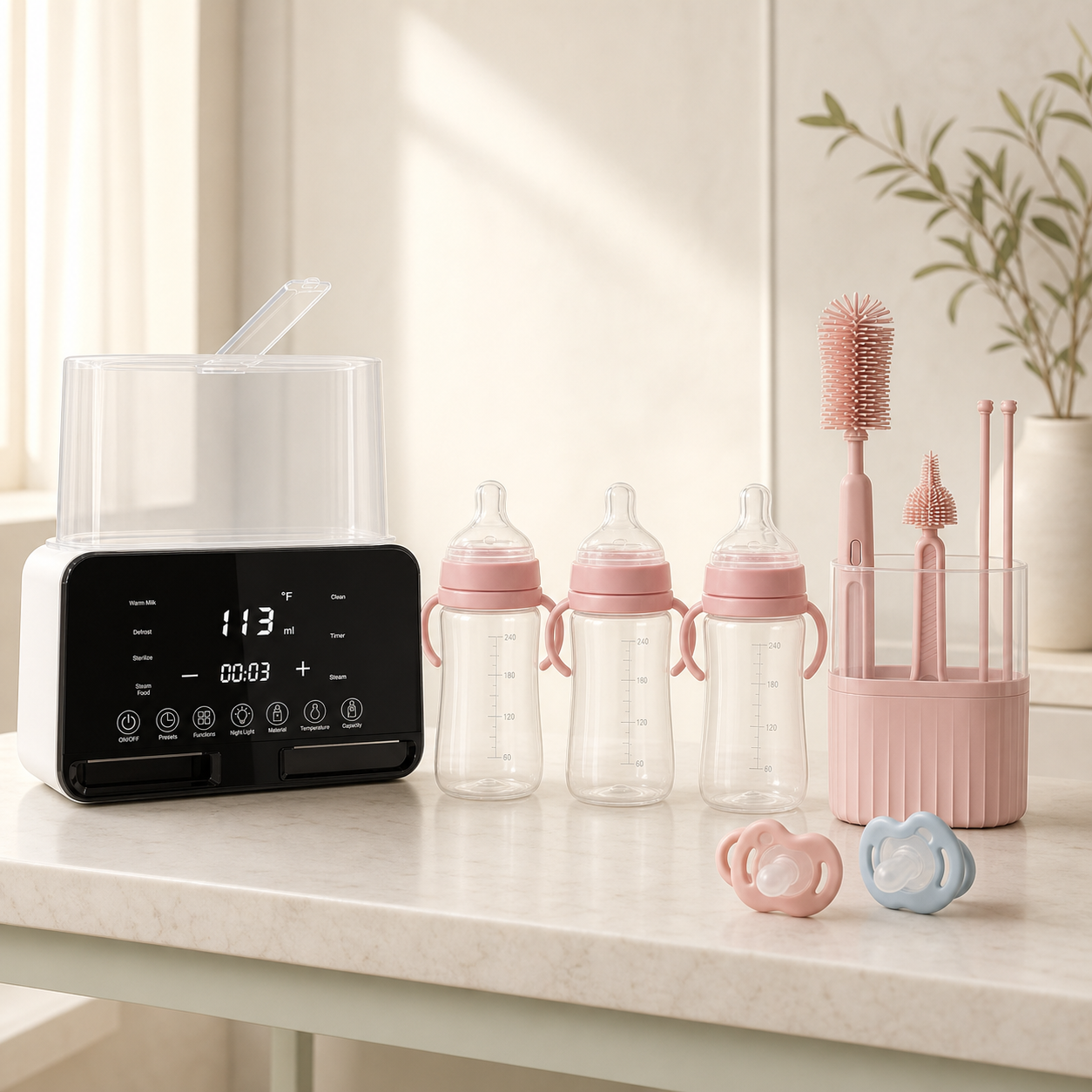 Pack Biberons à la Maison Bibimood avec stérilisateur, trois biberons, brosses et deux sucettes