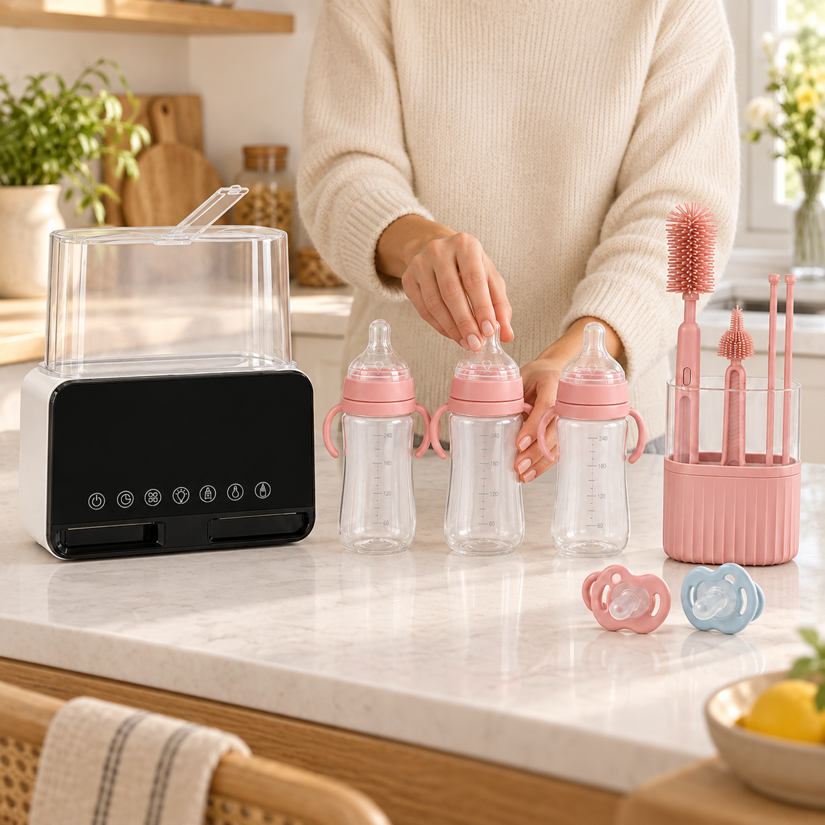 Un parent organise les trois biberons et accessoires du Pack Maison Bibimood