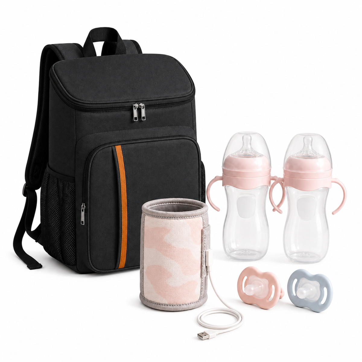 Pack Sortie Bibimood : sac noir, deux biberons roses, housse USB rose et deux sucettes