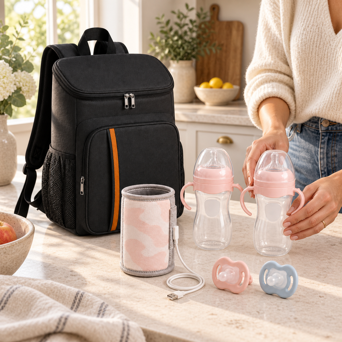 Préparation des deux biberons roses du Pack Sortie à la maison