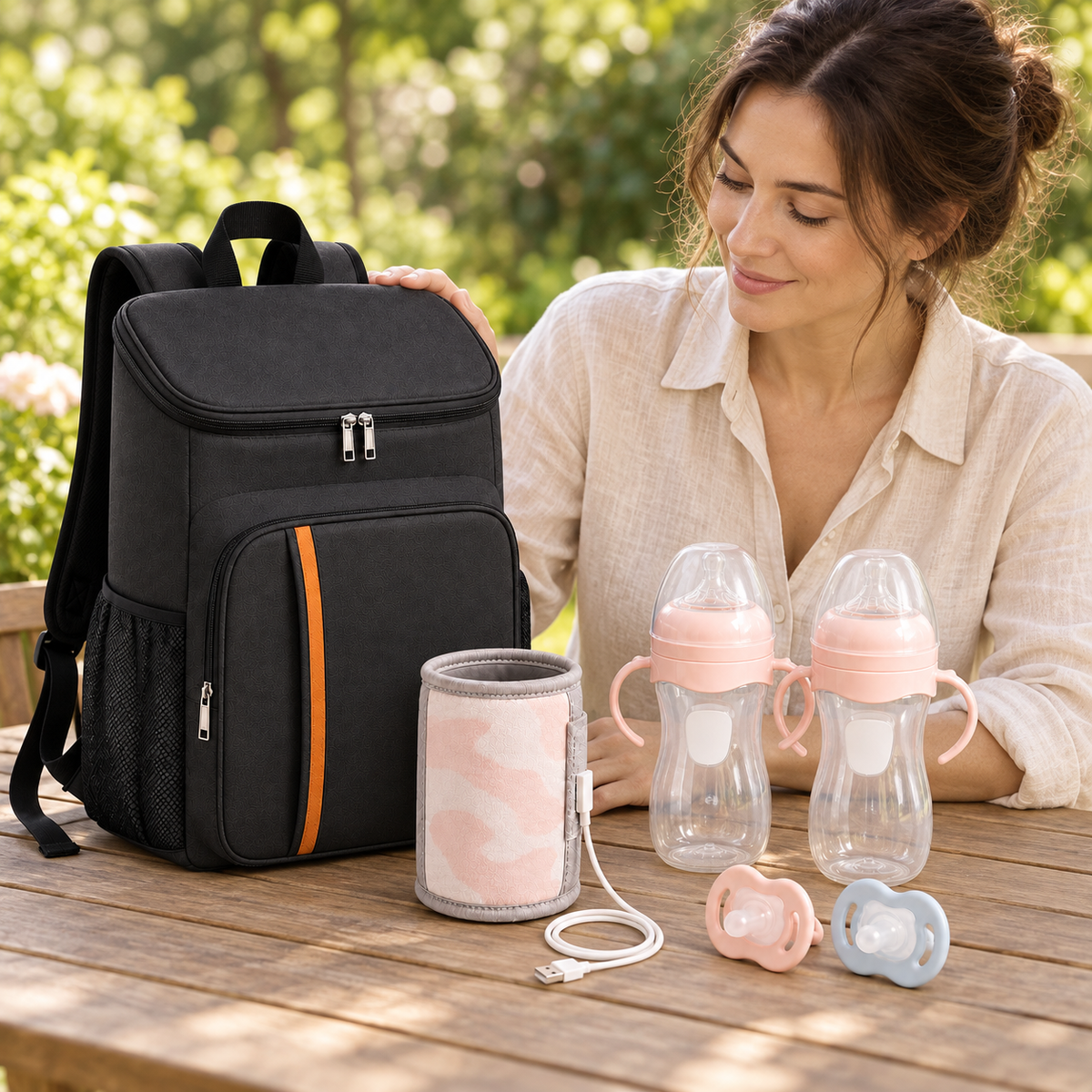 Une mère vérifie le Pack Sortie Bibimood en extérieur