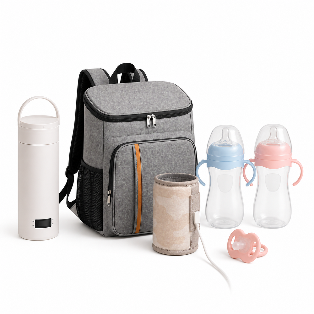Contenu complet du Pack Voyage : bouilloire, sac gris, housse USB, deux biberons et une sucette