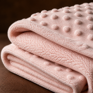 Détail des deux textures de la couverture rose : relief à pois et face polaire.
