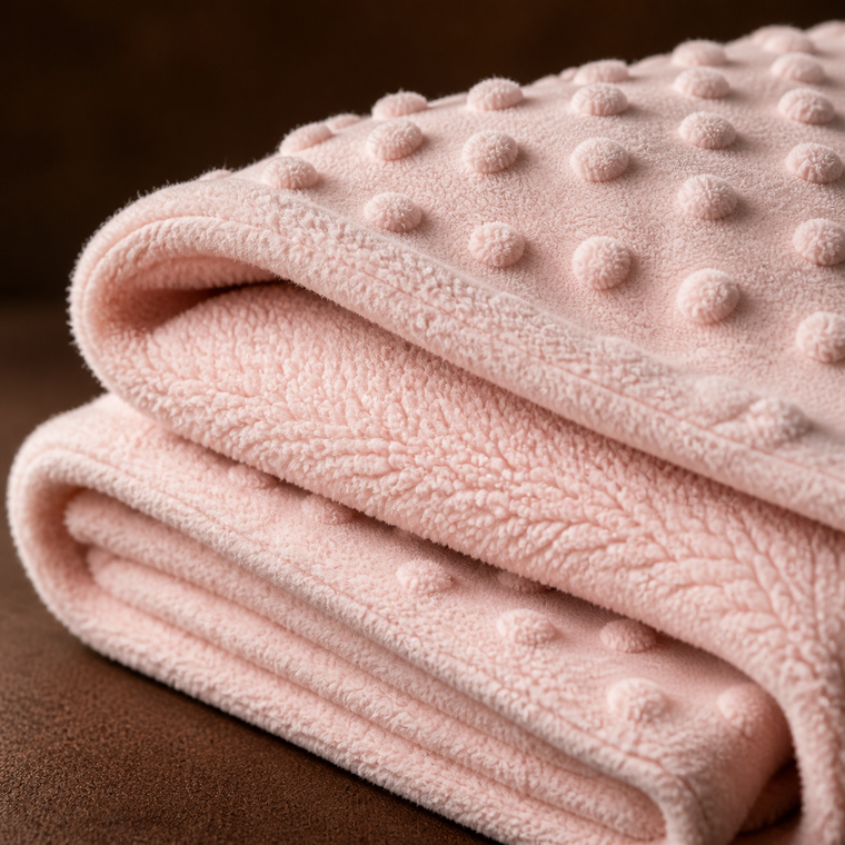 Détail des deux textures de la couverture rose : relief à pois et face polaire.