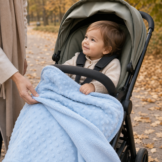 Couverture bleue posée sur les jambes d’un bébé installé dans une poussette.