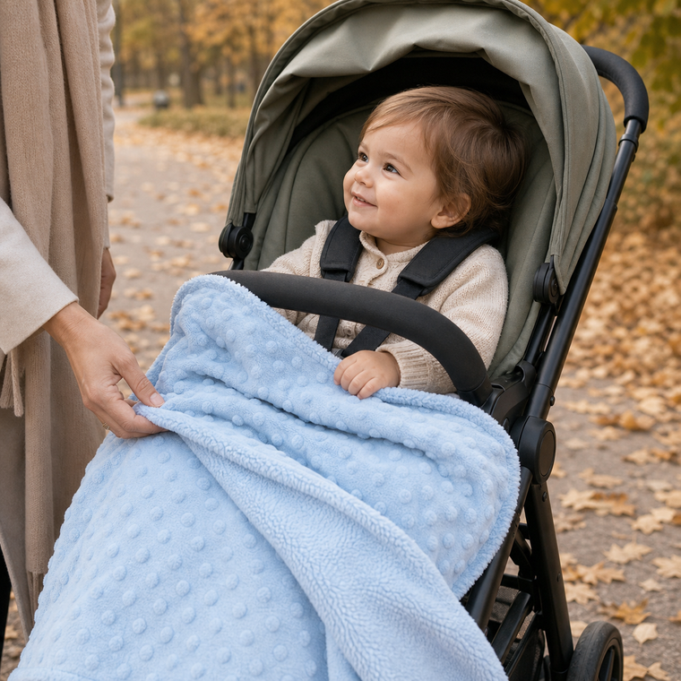 Couverture bleue posée sur les jambes d’un bébé installé dans une poussette.