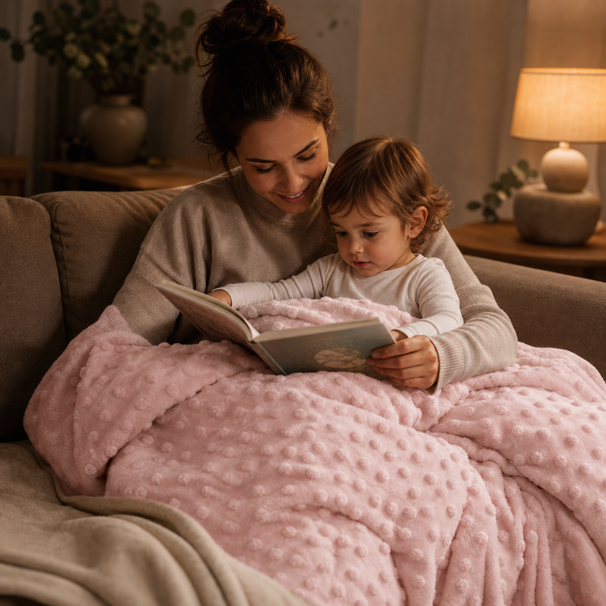 Un adulte lit avec un enfant sur un canapé, sous une couverture rose à relief.