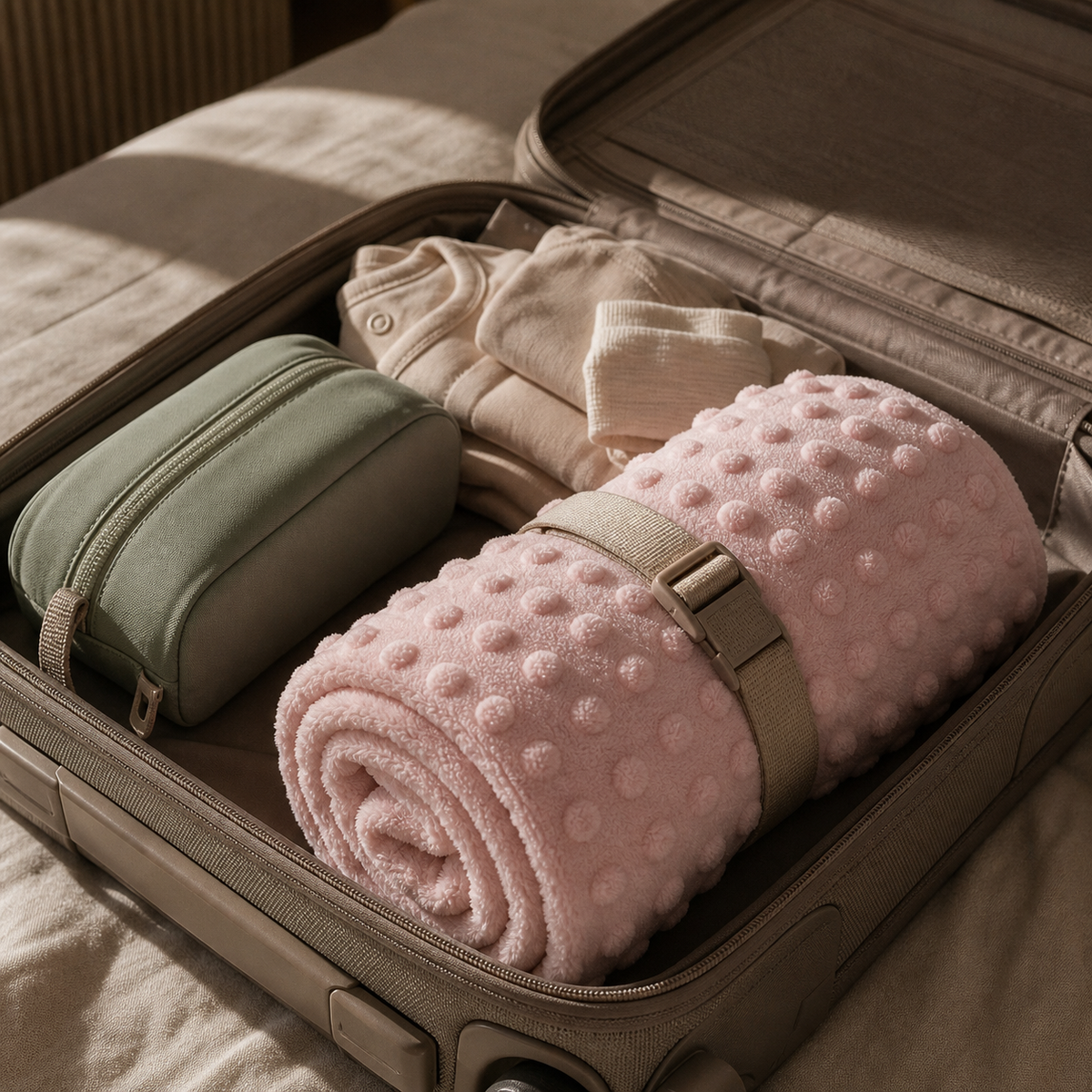 Couverture rose roulée et maintenue par une sangle dans une valise ouverte.