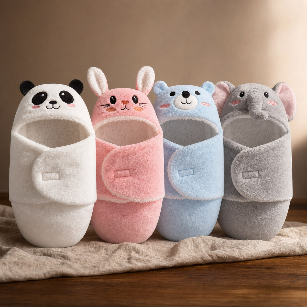 Quatre couvertures cocon : panda blanc, lapin rose, ours bleu et éléphant gris.