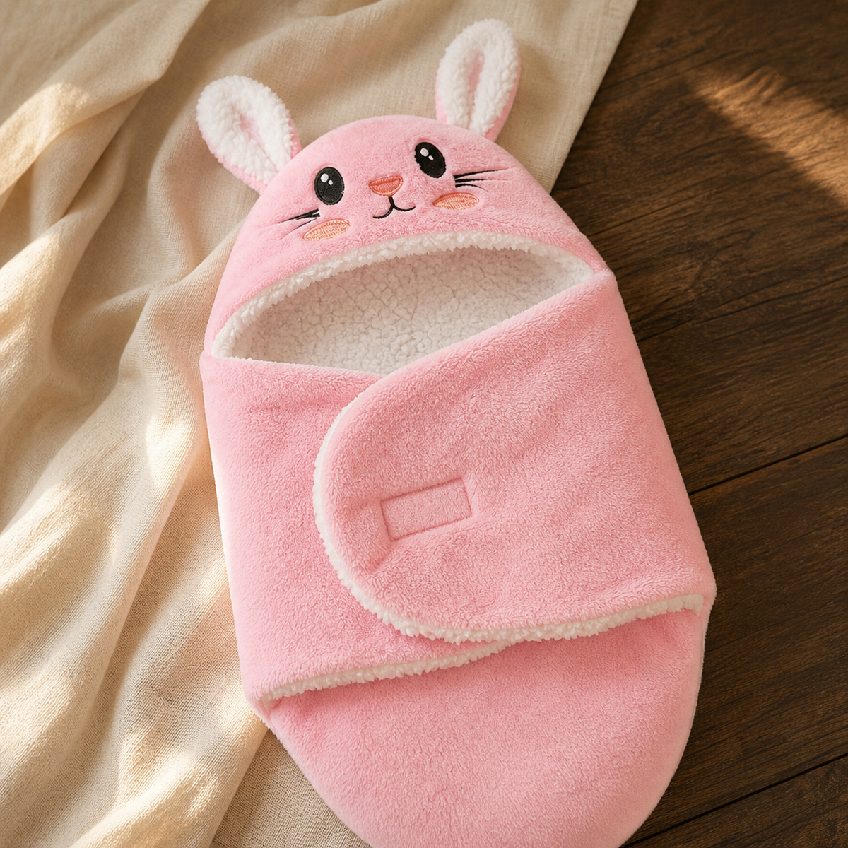 Couverture cocon lapin rose fermée, posée sur un tissu clair.