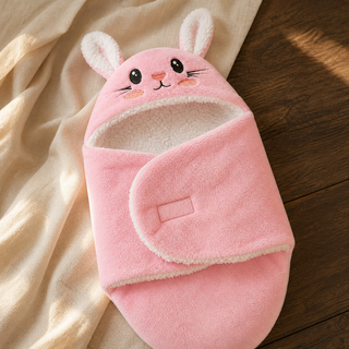 Couverture cocon lapin rose fermée, posée sur un tissu clair.