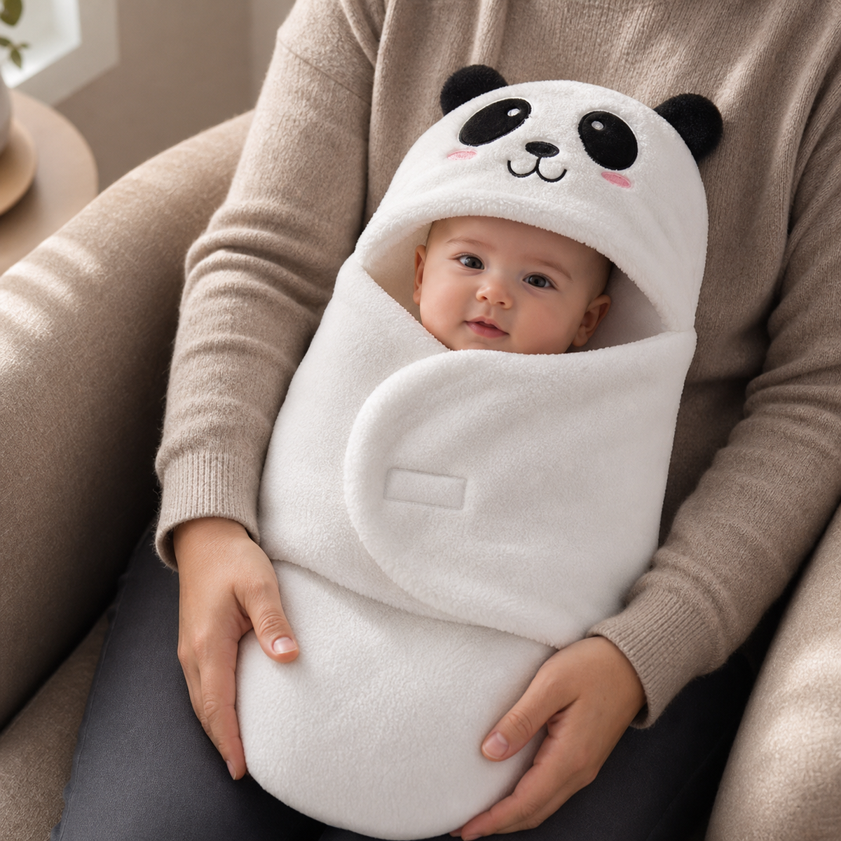 Bébé dans une couverture panda blanche, tenu dans les bras d’un adulte.