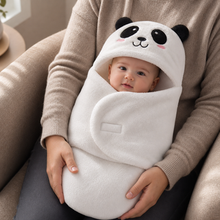 Bébé dans une couverture panda blanche, tenu dans les bras d’un adulte.