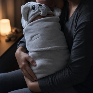 Couverture cocon éléphant grise enveloppant un bébé dans les bras d’un adulte.