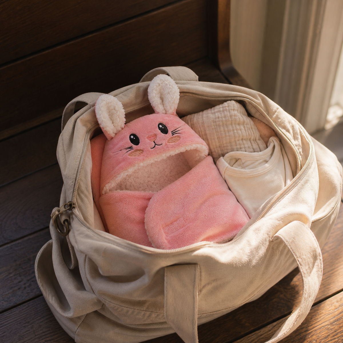 Couverture lapin rose rangée avec des vêtements dans un sac ouvert.