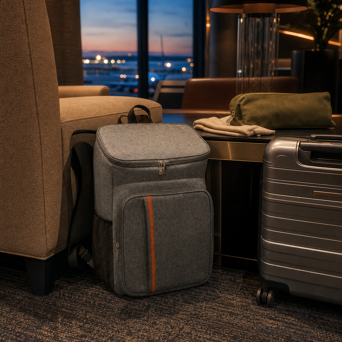 Sac à langer gris posé près d’une valise dans une chambre.