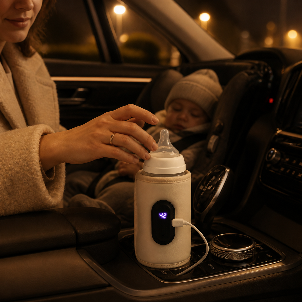 Repas de bébé en voiture avec le chauffe-biberon Bibimood