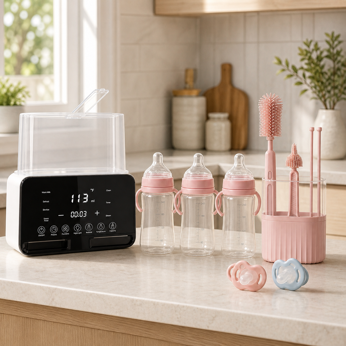 Pack Biberons à la Maison Bibimood dans une cuisine lumineuse