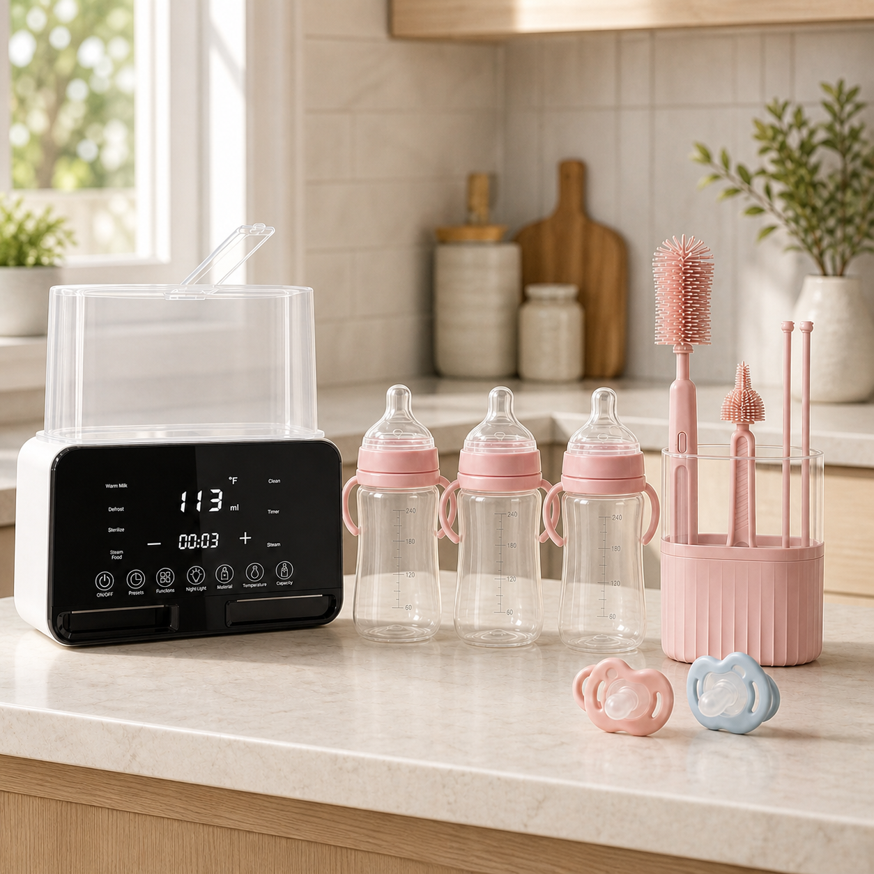 Pack Biberons à la Maison Bibimood dans une cuisine lumineuse