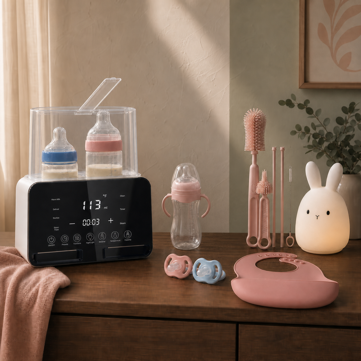 Pack Naissance Complet bébé Bibimood — station 9-en-1, trois biberons, sucettes, bavoir, brosses et veilleuse