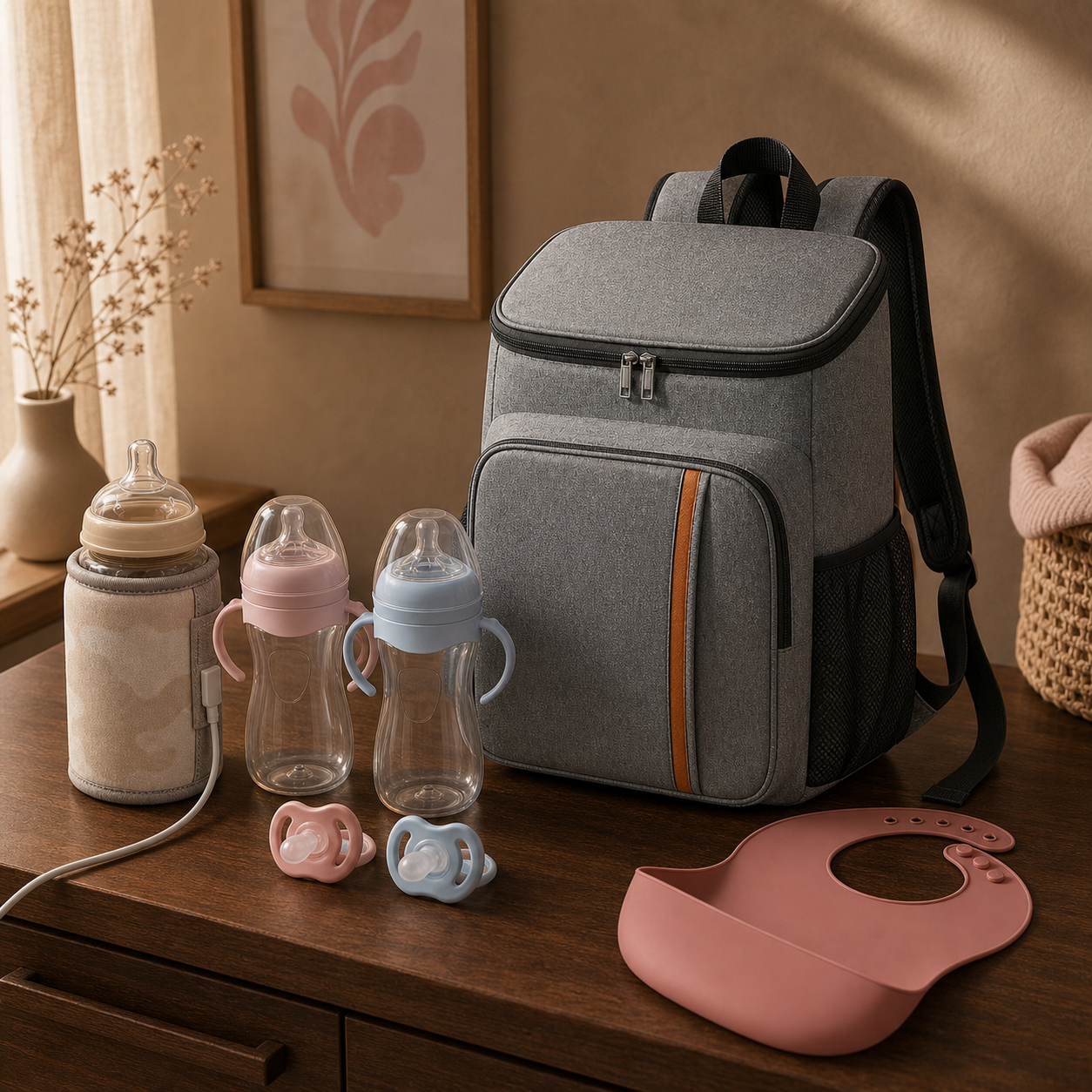 Pack Sortie Journée Sereine bébé Bibimood — sac à langer, chauffe-biberon USB, biberons, bavoir et sucettes