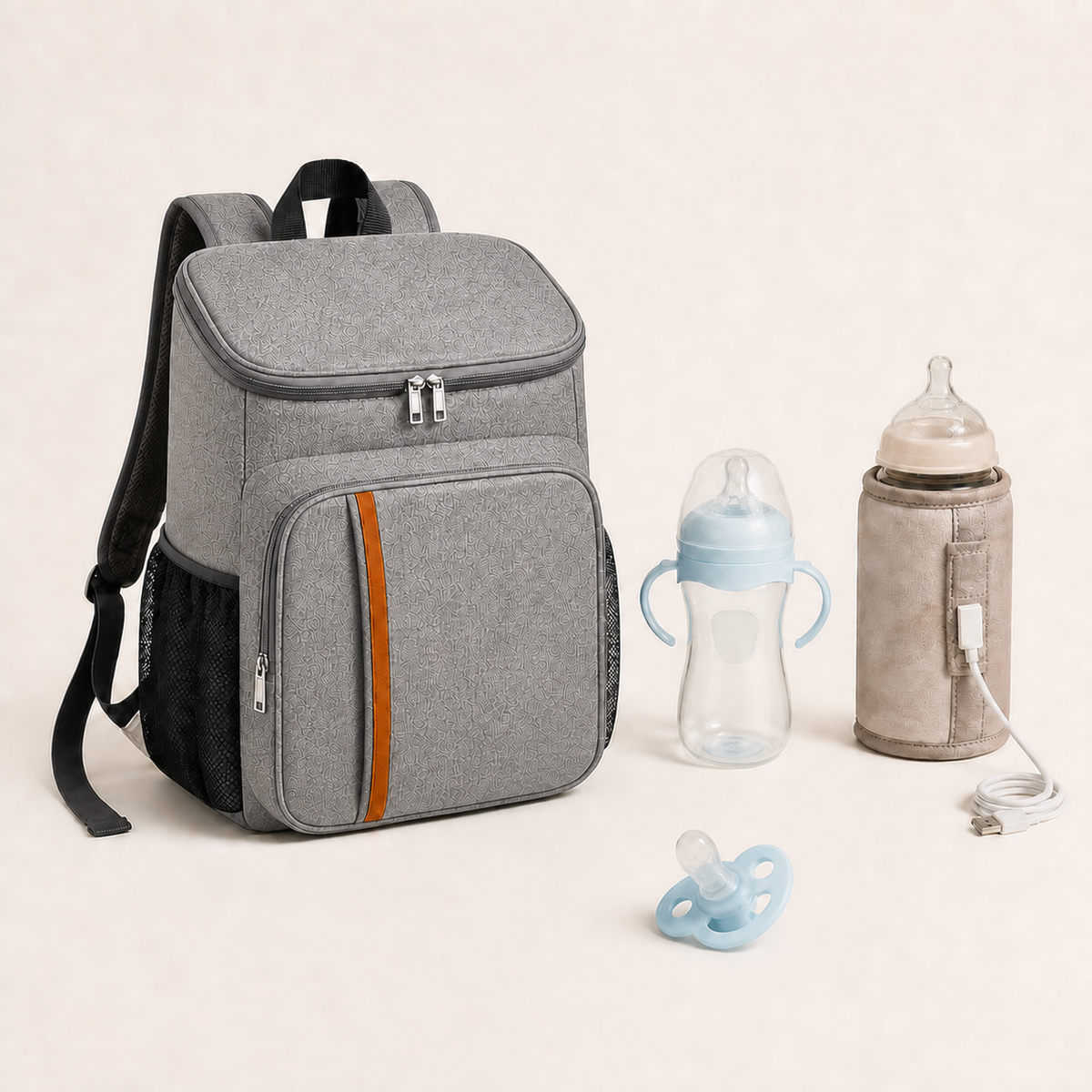 Pack Voyage Bibimood gris avec biberon bleu et sucette bleue