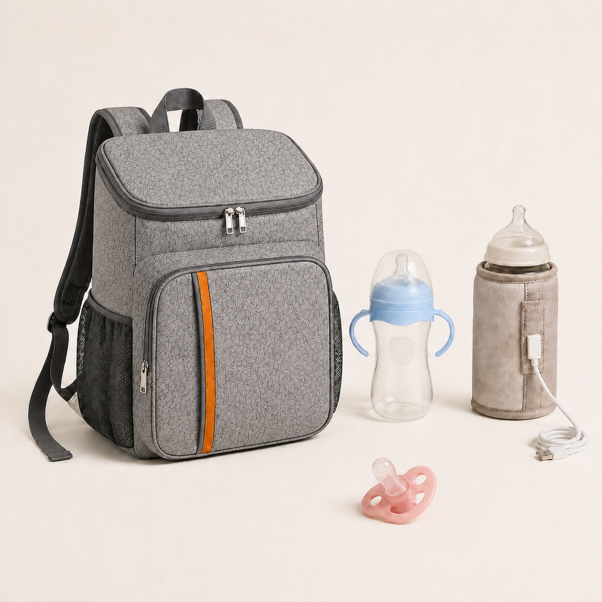 Pack Voyage Bibimood gris avec biberon bleu et sucette rose