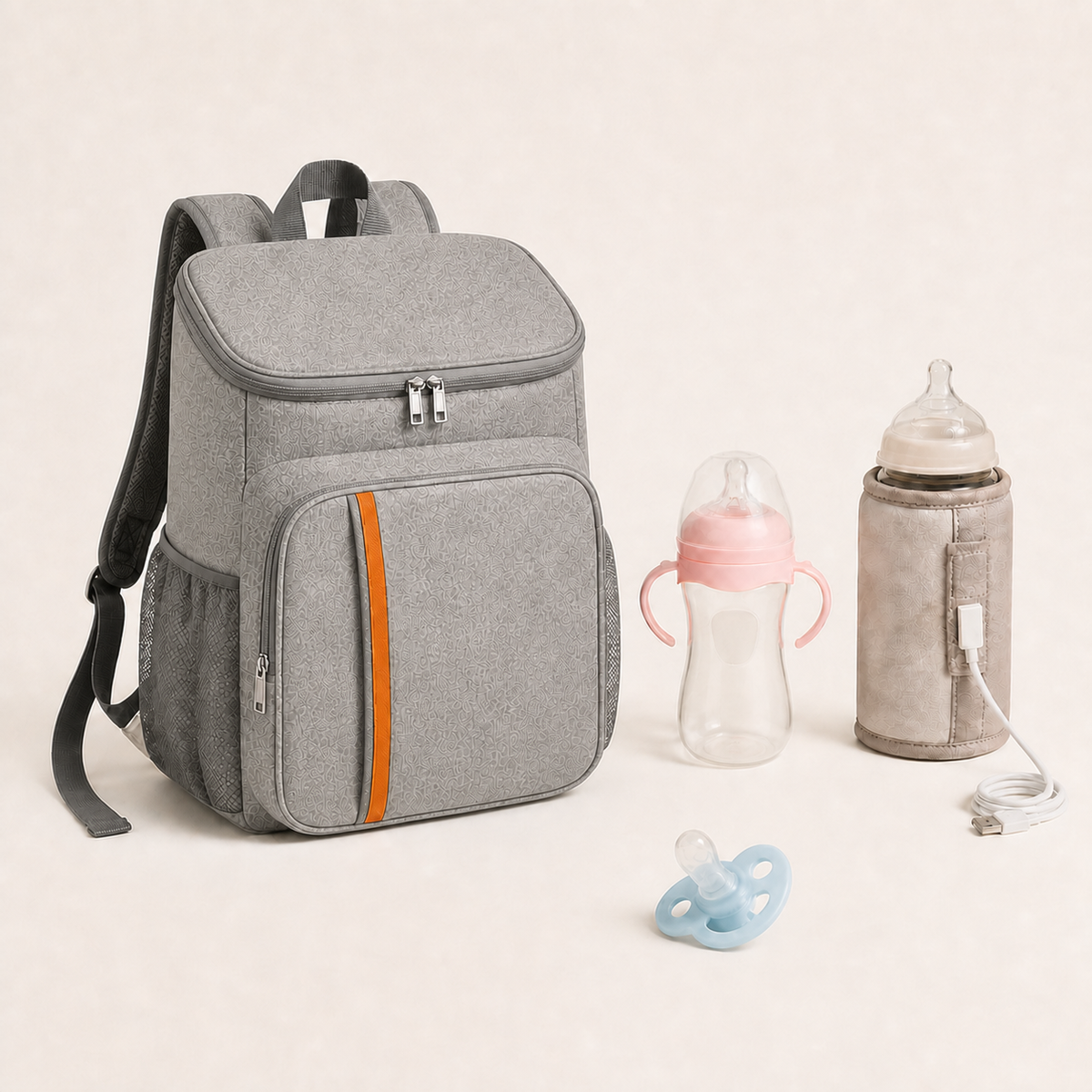 Pack Voyage Bibimood gris avec biberon rose et sucette bleue