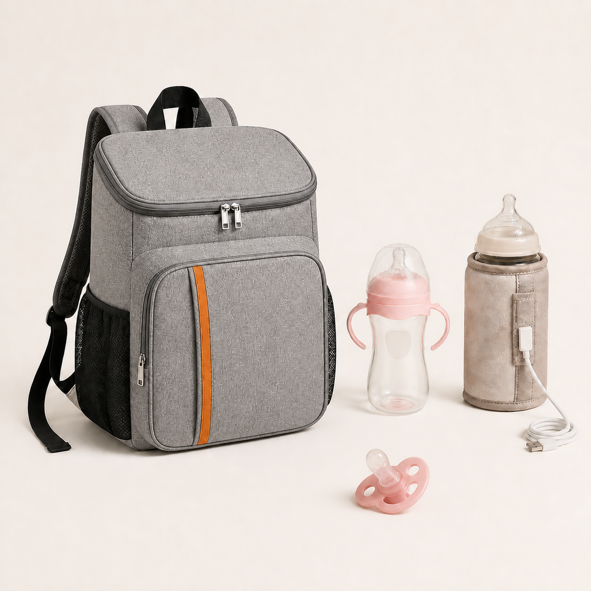 Pack Voyage Bibimood gris avec biberon rose et sucette rose