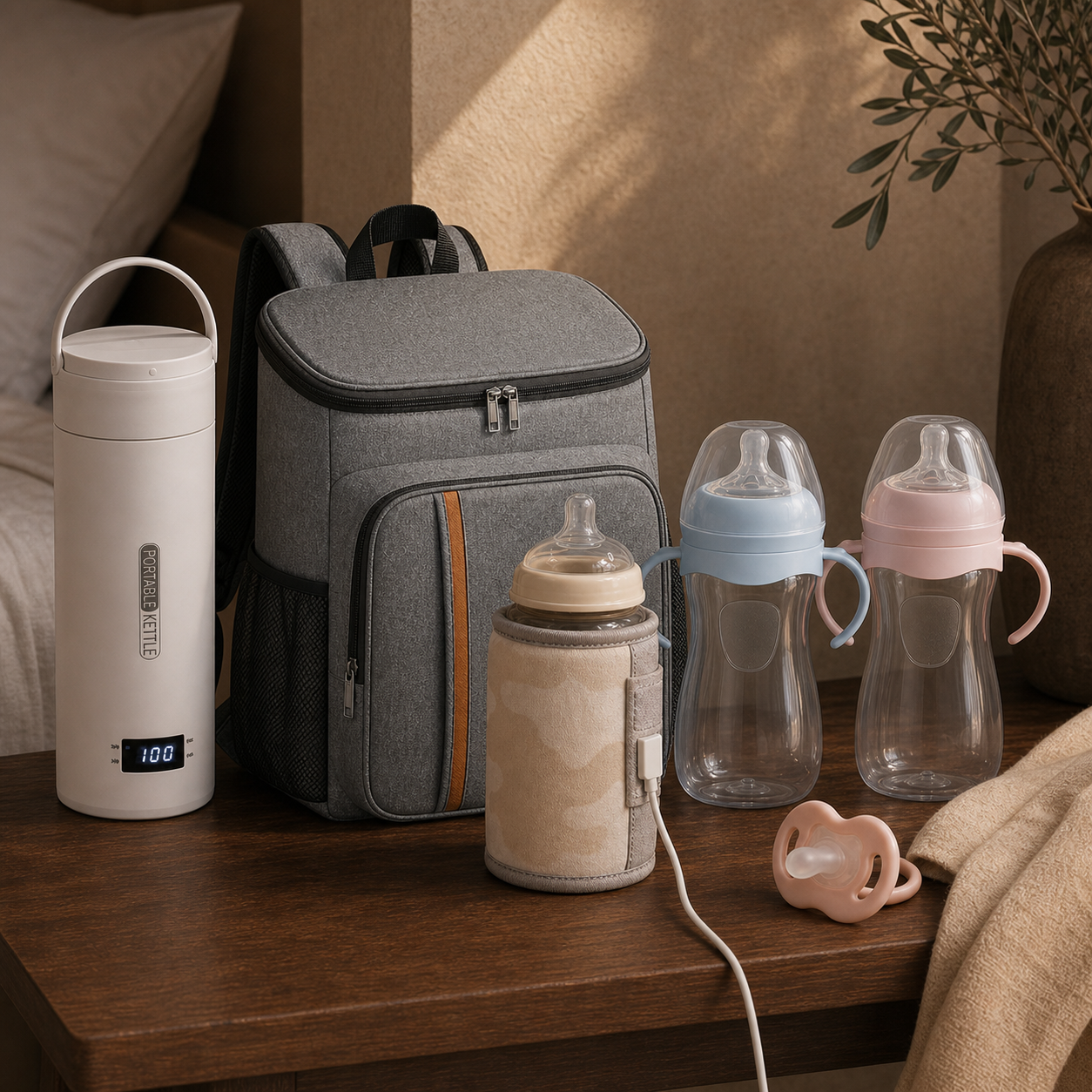 Pack Voyage International bébé Bibimood — bouilloire, sac isotherme, chauffe-biberon USB, biberons et sucette