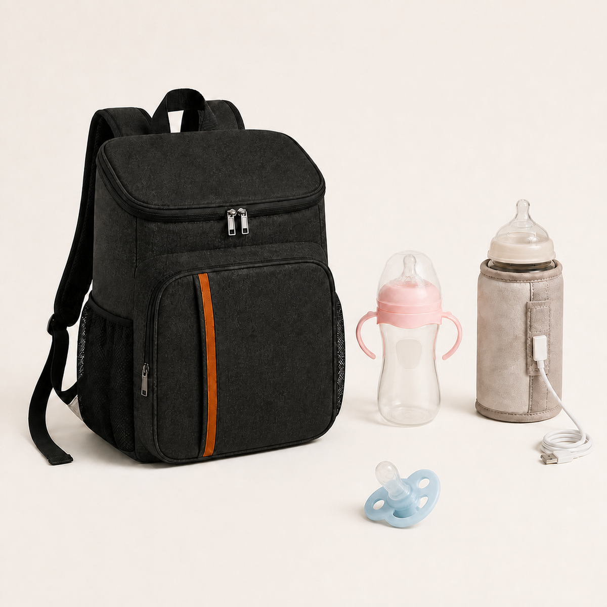 Pack Voyage Bibimood noir avec biberon rose et sucette bleue