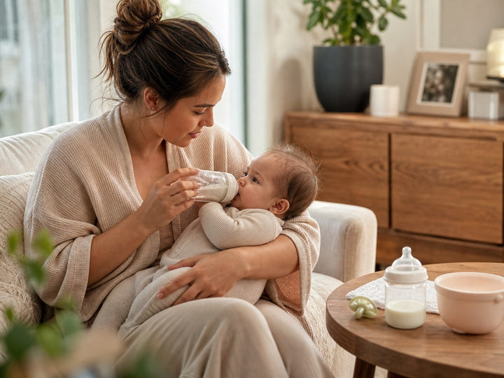 Une maman donne le biberon à son bébé dans un salon chaleureux