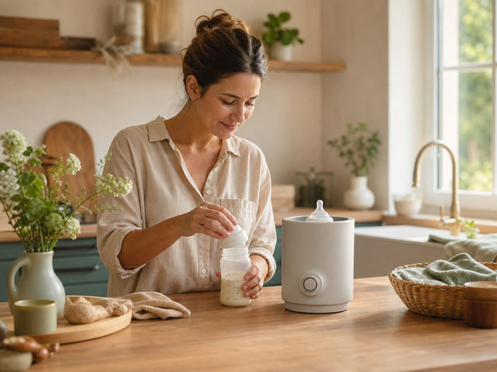 Un parent prépare un biberon avec un chauffe-biberon dans une cuisine lumineuse