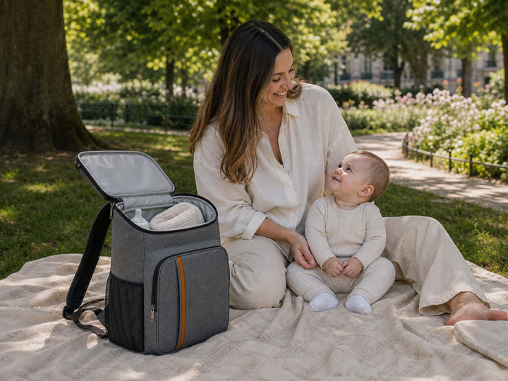 Une maman partage un moment avec bébé au parc, près du sac à langer isotherme Bibimood ouvert