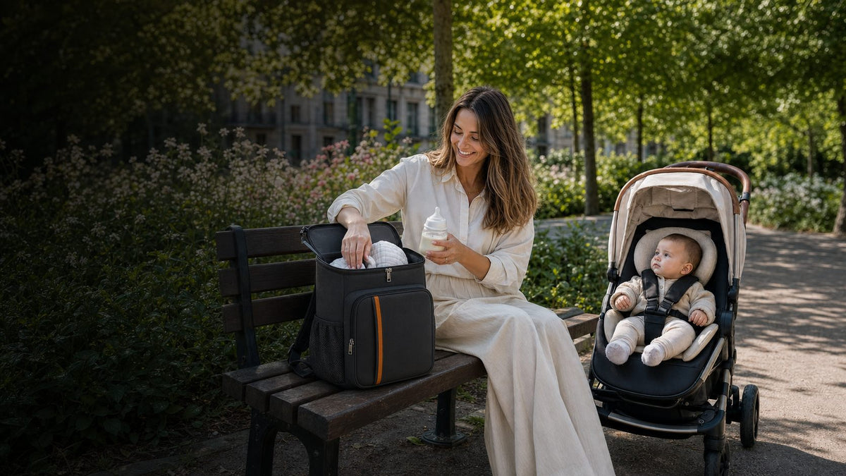 Une maman prépare le biberon pendant une sortie au parc avec bébé et le sac à langer isotherme Bibimood noir ouvert